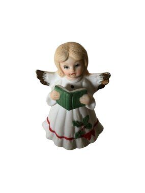 Porcelain Angel Figurine Singing or Reading Book Holly Red Trim Vintage